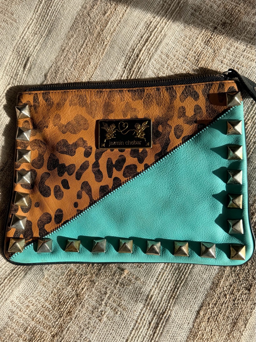 Turquoise & Leopard Studded Wristlet Clutch